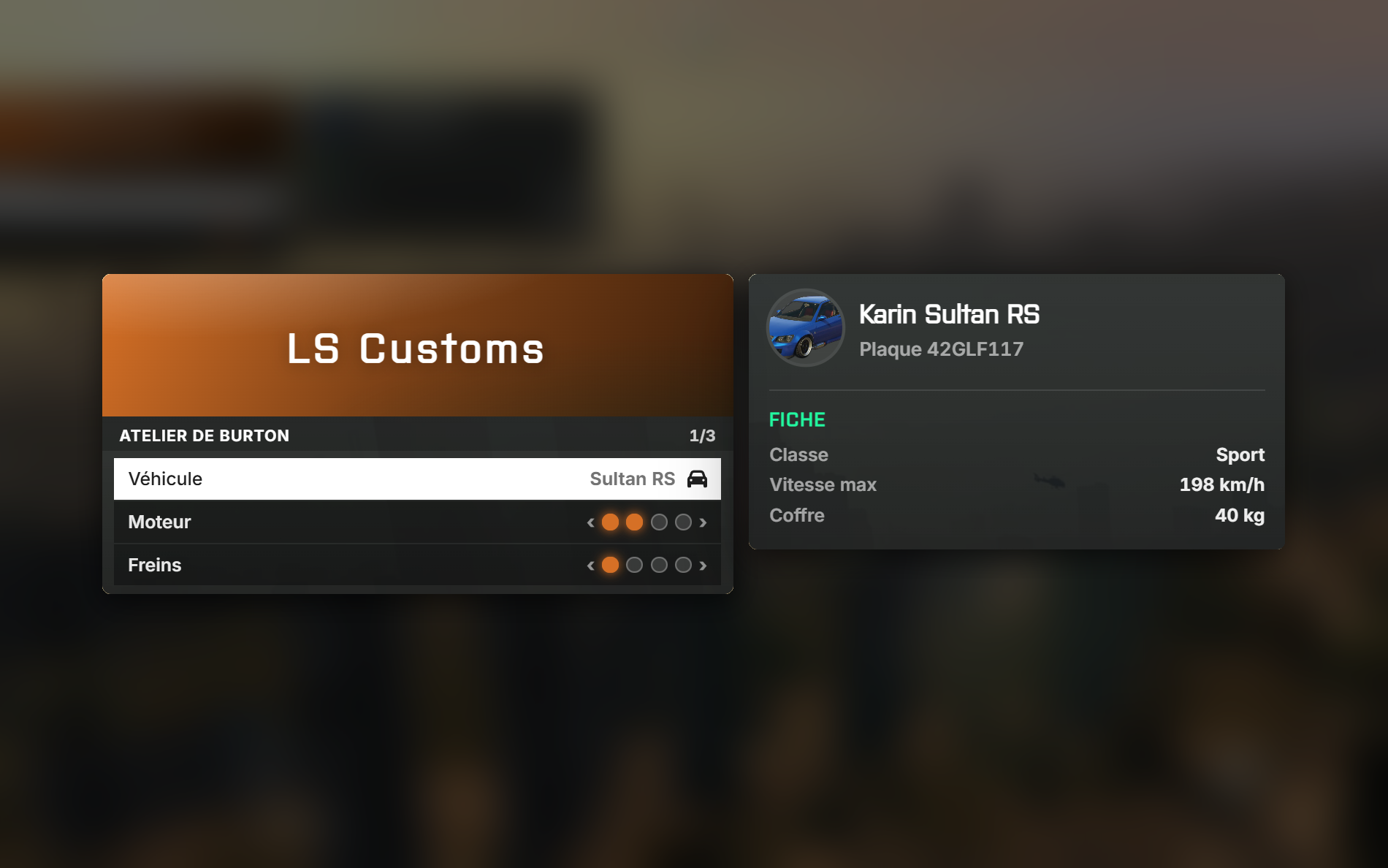 Le menu de LS Customs et la fiche du véhicule