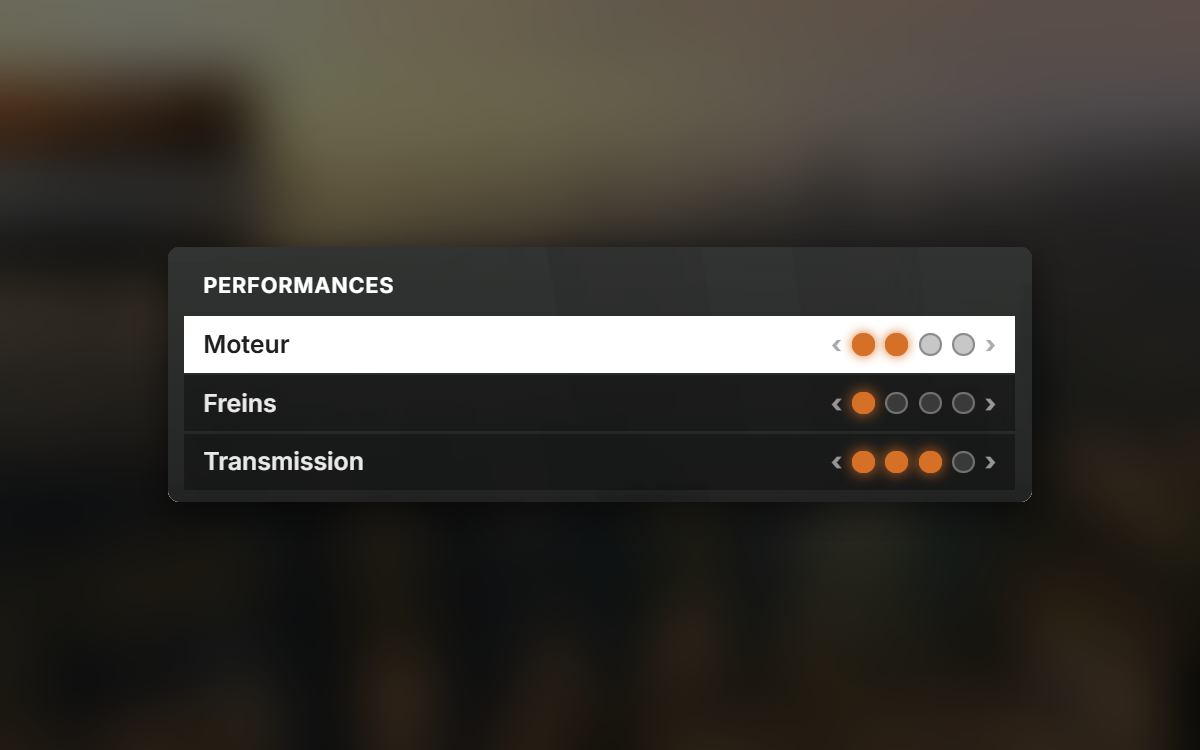 Les niveaux du moteur, des freins et de la transmission en pastilles